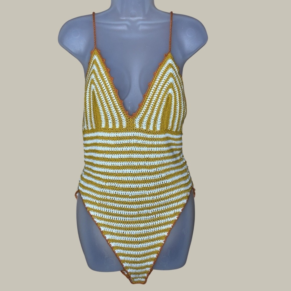 Out From Under Bodysuit Womens M Crochet Mustard Ivory Festival Boho Artisan 70s